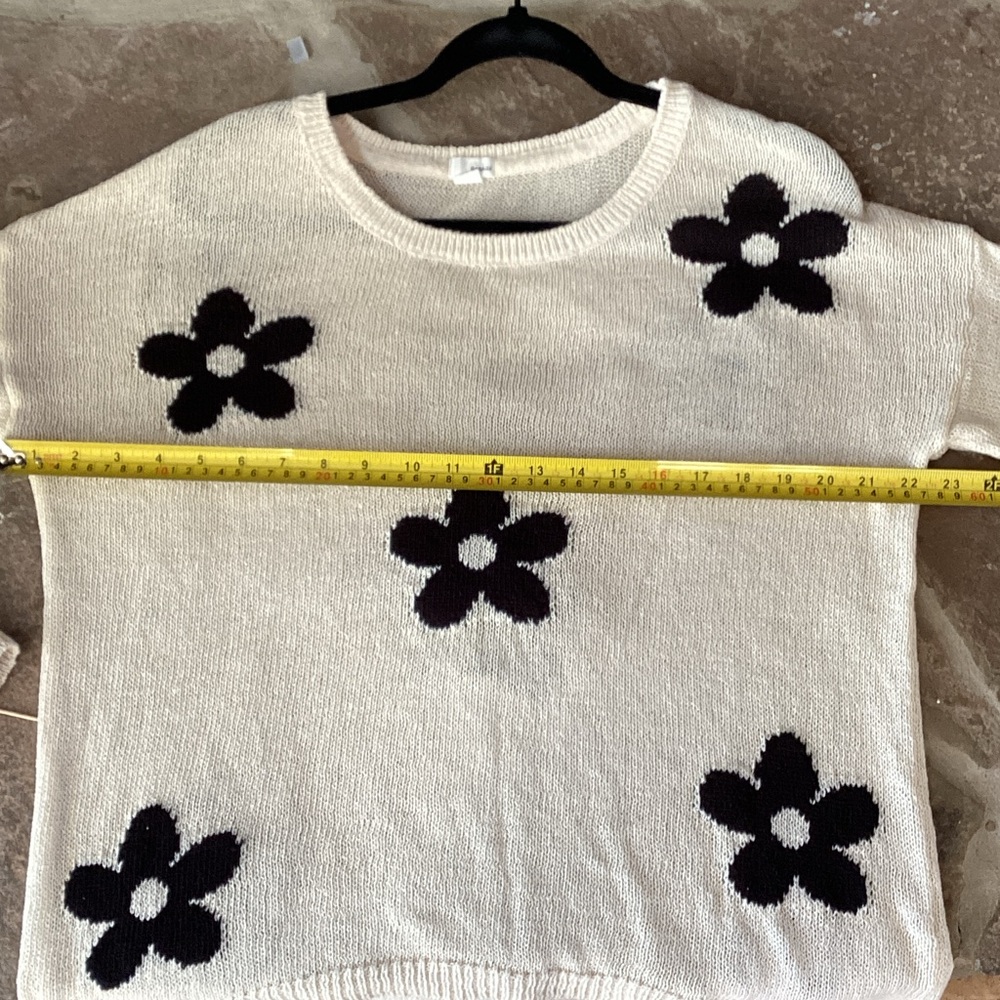 Garage Cream Sweater with Black Flowers loose knit lightweight L - Picture 3 of 5